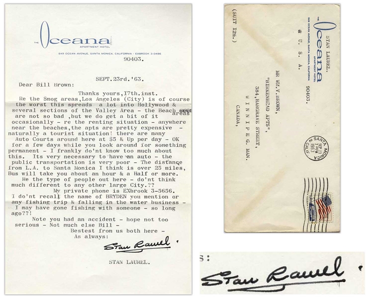 Stan Laurel Letter Signed About Living in Los Angeles -- ''...Re the type of people out here - do'nt think much different to any other large City.??...''